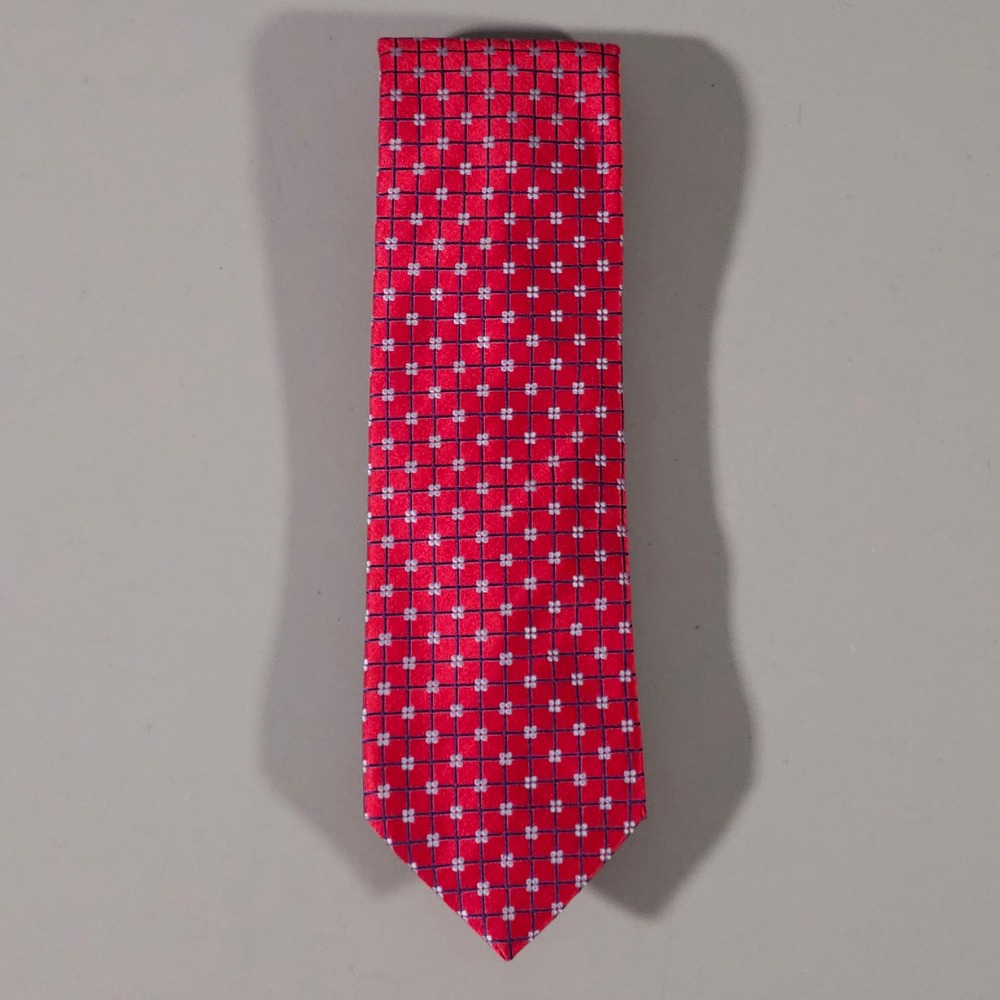 Thomas Pink Necktie Mens OS Red Geometric Silk Grid Pattern Tie